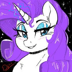 Size: 512x512 | Tagged: safe, artist:thelunarmoon, derpibooru import, rarity, pony, unicorn, bedroom eyes, black background, bust, female, glowing, glowing horn, grin, horn, mare, seductive look, signature, simple background, smiling, solo
