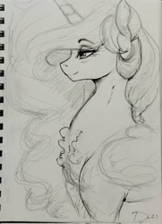 Size: 1483x2048 | Tagged: safe, artist:thelunarmoon, derpibooru import, princess celestia, alicorn, pony, bust, chest fluff, eye clipping through hair, eyebrows, eyebrows visible through hair, female, grayscale, lidded eyes, mare, missing accessory, monochrome, profile, smiling, solo, traditional art