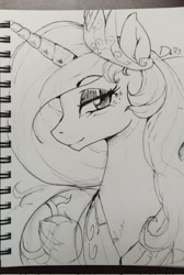 Size: 1380x2048 | Tagged: safe, artist:thelunarmoon, derpibooru import, princess celestia, alicorn, pony, bedroom eyes, bust, eyebrows, eyebrows visible through hair, female, grayscale, head turn, looking at you, mare, monochrome, smiling, smiling at you, solo, traditional art