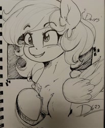 Size: 1686x2048 | Tagged: safe, artist:thelunarmoon, derpibooru import, derpy hooves, pegasus, pony, eyebrows, eyebrows visible through hair, female, grayscale, grin, mare, monochrome, pencil drawing, smiling, solo, traditional art