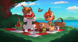 Size: 2987x1628 | Tagged: safe, artist:rexyseven, derpibooru import, oc, oc only, oc:rusty gears, oc:sofiko, butterfly, deer, earth pony, pony, belly, clothes, cloud, drink, duo, ear fluff, ears, earth pony oc, eating, female, food, heterochromia, hoof hold, lying down, mare, outdoors, picnic, picnic blanket, prone, scarf, scenery, sitting, socks, striped scarf, striped socks, watermelon
