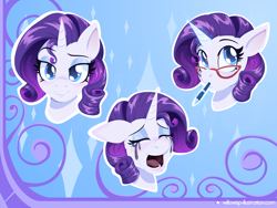 Size: 1600x1200 | Tagged: safe, artist:willoillo, derpibooru import, rarity, unicorn, crying, emotes, glasses, makeup, marshmelodrama, multeity, pen, rarity being rarity, rarity's glasses, running makeup, thinking