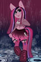 Size: 1280x1904 | Tagged: safe, artist:nootaz, derpibooru import, pinkie pie, earth pony, pony, semi-anthro, goth, hello kitty, knife, midriff, piercing, pinkamena diane pie, rain, solo