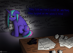 Size: 2600x1900 | Tagged: safe, artist:passionpanther, derpibooru import, oc, oc only, pony, unicorn, anxiety, atychiphobia, crying, paper, solo, song reference