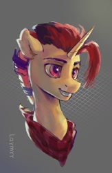 Size: 1044x1602 | Tagged: safe, artist:laymy, derpibooru import, oc, oc only, pony, unicorn, bandana, bust, commission, gray background, grin, male, simple background, smiling, solo, stallion