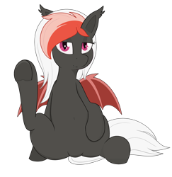 Size: 3180x3268 | Tagged: safe, artist:modera, derpibooru import, oc, oc only, oc:amaryllis, bat pony, pony, belly, belly button, looking at you, simple background, sitting, solo, transparent background, underhoof