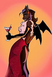 Size: 1465x2160 | Tagged: safe, artist:obscured, derpibooru import, anthro, bat pony, pony, alcohol, clothes, cocktail, dress, drink, female, party, solo
