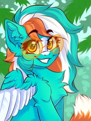 Size: 1200x1600 | Tagged: safe, artist:falafeljake, derpibooru import, oc, oc only, oc:phoenix redtail, pegasus, pony, chest fluff, colored wings, ear fluff, ears, eyebrows, eyebrows visible through hair, female, glasses, grin, looking at you, mare, pegasus oc, round glasses, signature, smiling, smiling at you, solo, wings