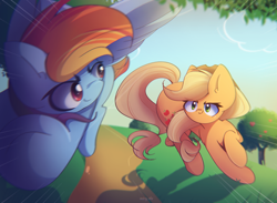 Size: 3000x2200 | Tagged: safe, artist:miryelis, derpibooru import, applejack, rainbow dash, earth pony, pegasus, pony, big ears, ears, female, hat, high res, long hair, looking at each other, looking at someone, race, running, signature, sky, smiling, tree, wings