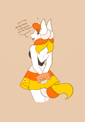 Size: 1423x2048 | Tagged: safe, artist:mscolorsplash, derpibooru import, oc, oc only, oc:candy corn, anthro, unicorn, arm behind back, backless, beige background, candy, candy corn, clothes, dialogue, female, food, looking at you, looking back, looking back at you, mare, open mouth, open smile, simple background, skirt, smiling, solo, talking to viewer