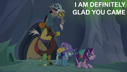 Size: 1993x1125 | Tagged: safe, derpibooru import, edit, edited screencap, editor:quoterific, screencap, discord, starlight glimmer, trixie, draconequus, unicorn, to where and back again, backpack, bags, changeling hive, clothes, female, hat, male, out of context, scarf, trixie's hat