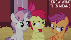 Size: 2000x1125 | Tagged: safe, derpibooru import, edit, edited screencap, editor:quoterific, screencap, apple bloom, scootaloo, sweetie belle, earth pony, pegasus, pony, unicorn, the break up breakdown, barn, cutie mark crusaders, smug, sweet apple acres