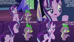 Size: 2000x1125 | Tagged: safe, derpibooru import, edit, edited screencap, editor:quoterific, screencap, spike, starlight glimmer, dragon, pony, unicorn, shadow play, twilight's castle