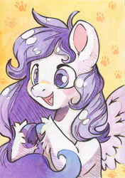 Size: 3437x4889 | Tagged: safe, artist:cutepencilcase, derpibooru import, oc, oc only, oc:vintage paws, pegasus, pony, abstract background, artfight, bust, paw prints, portrait, smiling