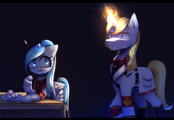 Size: 2052x1420 | Tagged: safe, artist:opal_radiance, derpibooru import, prince blueblood, oc, oc:opal rosamond, pegasus, pony, unicorn, dark, midnight, night, snack, solar, solar empire, treat