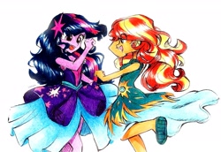 Size: 2612x1797 | Tagged: safe, artist:liaaqila, derpibooru import, sunset shimmer, twilight sparkle, human, equestria girls, legend of everfree, duo, simple background, smiling, traditional art, white background
