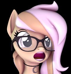 Size: 812x847 | Tagged: source needed, safe, artist:ivoryquest, derpibooru import, oc, oc:ivoryquest, pony, 3d, black background, female, glasses, mare, open mouth, shocked, shocked expression, simple background, solo