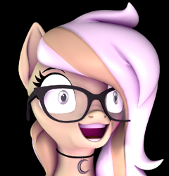 Size: 812x847 | Tagged: source needed, safe, artist:ivoryquest, derpibooru import, oc, oc:ivoryquest, 3d, black background, female, glasses, laughing, mare, simple background, solo