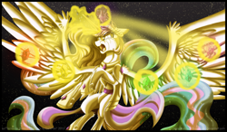 Size: 2540x1484 | Tagged: safe, artist:inuhoshi-to-darkpen, derpibooru import, princess celestia, alicorn, pony, 2013, armor, artifact, concave belly, element of generosity, element of honesty, element of kindness, element of laughter, element of loyalty, element of magic, elements of harmony, ethereal mane, female, large wings, magic, mare, old art, solo, spread wings, telekinesis, wings