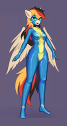 Size: 764x1422 | Tagged: safe, artist:shoggoth-tan, derpibooru import, oc, oc only, oc:anja snow, anthro, pegasus, plantigrade anthro, anthro oc, catsuit, clothes, female, latex, latex suit, looking at you, mare, open mouth, open smile, skintight clothes, smiling, smiling at you, solo, uniform, wonderbolts uniform