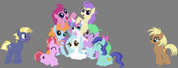 Size: 1930x742 | Tagged: safe, artist:selenaede, artist:star polaris and friends, derpibooru exclusive, derpibooru import, coconut palm, cranberry pit, cream puff, ginger tea, grape stem, grapefruit squash, princess flurry heart, star tracker, stratus wind, alicorn, earth pony, pony, base used, bow, female, freckles, gray background, group, male, mane six opening poses, mare, older, older cream puff, older flurry heart, older ginger tea, older grape stem, older star tracker, scribble pad, simple background, stallion, zeppelin children