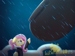 Size: 2732x2048 | Tagged: safe, artist:lordshrekzilla20, derpibooru import, fluttershy, ape, gorilla, kaiju, pegasus, fanfic:a king to a god, chains, cute, heartwarming, king kong, rain, shyabetes