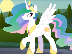 Size: 1600x1200 | Tagged: safe, ai content, artist:dovakkins, derpibooru exclusive, derpibooru import, generator:pony diffusion v5, machine learning assisted, princess celestia, alicorn, pony, beautiful, female, horn, jewelry, long mane, mare, one wing out, peytral, raised hoof, raised leg, regalia, show accurate, sky, solo, wavy mane, wings