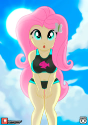 Size: 1414x2000 | Tagged: safe, artist:minusclass, derpibooru import, fluttershy, butterfly, human, equestria girls, belly button, bikini, bikini bottom, bikini top, breast squeeze, breasts, clothes, cloud, cute, female, hairclip, hootershy, legs, looking at you, midriff, patreon, patreon logo, shyabetes, sky, solo, solo female, stupid sexy fluttershy, sun, swimsuit