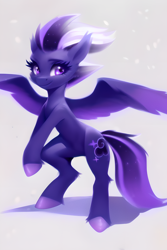 Size: 2048x3072 | Tagged: safe, ai content, artist:shad0w-galaxy, derpibooru exclusive, derpibooru import, generator:purplesmart.ai, generator:stable diffusion, machine learning assisted, oc, oc only, oc:shadow galaxy, pegasus, pony, bipedal, cheek fluff, ear fluff, ears, ethereal mane, female, high res, hooves, mare, prompter:shad0w-galaxy, simple background, smiling, solo, spread wings, starry mane, starry tail, tail, unshorn fetlocks, wings