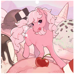 Size: 2048x2048 | Tagged: safe, artist:daffidaizy, derpibooru import, lickety split, lickety-split, earth pony, pony, g1, bow, cherry, female, food, ice cream, mare, solo, tail, tail bow, that pony sure does love ice cream, tongue, tongue out