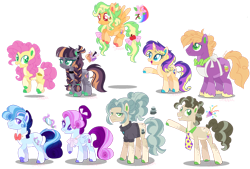 Size: 1280x867 | Tagged: safe, artist:shebasoda, derpibooru import, li'l cheese, little mac, oc, oc:ametrine 'mineral' pie, oc:charming belle, oc:darling belle, oc:ginger gold, oc:morning twinkle, oc:shale sandwich, oc:slate sandwich, earth pony, pegasus, pony, unicorn, apron, body freckles, body markings, bow, bowtie, brother and sister, brothers, clothes, coat markings, colored eartips, colored horn, colored wings, colored wingtips, cousins, cyan eyes, ear freckles, ear piercing, earring, earth pony oc, eyeshadow, facial markings, female, flying, folded wings, freckles, frown, gradient mane, gradient tail, green eyes, grin, hair bow, hair bun, headcanon, horn, jewelry, leg freckles, lidded eyes, lightly watermarked, looking at you, looking down, looking up, magical gay spawn, magical lesbian spawn, makeup, male, mare, multicolored horn, necktie, next generation, offspring, older li'l cheese, older little mac, pale belly, parent:applejack, parent:big macintosh, parent:cheese sandwich, parent:flash sentry, parent:fluttershy, parent:kerfuffle, parent:maud pie, parent:mud briar, parent:octavio pie, parent:pinkie pie, parent:rainbow dash, parent:rarity, parent:sugar belle, parent:sunset shimmer, parents:appledash, parents:cheesavio, parents:flashimmer, parents:flutterpie, parents:maudbriar, parents:rarifuffle, parents:sugarmac, pegasus oc, piercing, ponytail, purple eyes, raised hoof, raised leg, red eyes, siblings, simple background, smiling, socks (coat marking), spread wings, stallion, standing, tail, tail bow, transparent background, twins, unamused, unicorn oc, unshorn fetlocks, walking, watermark, wings