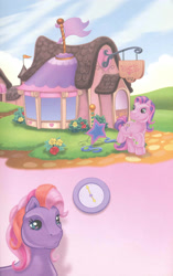 Size: 1680x2680 | Tagged: safe, artist:ken edwards, derpibooru import, skywishes, twinkle twirl, earth pony, pony, g3, belle of the ball, clock, duo, female, mare, scan