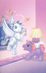 Size: 1680x2680 | Tagged: safe, artist:ken edwards, derpibooru import, star catcher, twinkle twirl, butterfly, earth pony, pegasus, pony, g3, belle of the ball, duo, female, flying, mare, scan, spread wings, wings