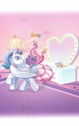 Size: 1680x2680 | Tagged: safe, artist:ken edwards, derpibooru import, star catcher, twinkle twirl, butterfly, earth pony, pegasus, pony, g3, belle of the ball, clothes, crown, dress, duo, female, jewelry, mare, mirror, note, regalia, scan, vanity