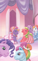 Size: 1680x2680 | Tagged: safe, artist:ken edwards, derpibooru import, applejack (g3), kimono, rainbow dash (g3), sunny daze (g3), twinkle twirl, wysteria, earth pony, pony, g3, alternate hairstyle, belle of the ball, clothes, crown, dress, female, group, jewelry, mare, necklace, regalia, scan, sextet