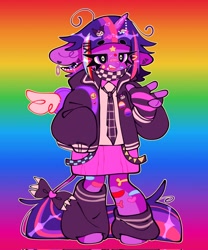 Size: 1704x2048 | Tagged: safe, artist:bunbunbewwii, derpibooru import, twilight sparkle, twilight sparkle (alicorn), alicorn, anthro, pony, unguligrade anthro, backpack, bandaid, bandaid on nose, bisexual, bisexual pride flag, bisexuality, clothes, dyed hair, ear piercing, leg warmers, leonine tail, nonbinary, nonbinary pride flag, piercing, pride, pride flag, rainbow background, skirt, small wings, tail, wings