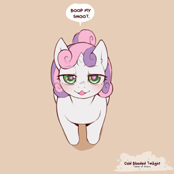 Size: 1200x1200 | Tagged: safe, artist:cold-blooded-twilight, derpibooru import, sweetie belle, pony, unicorn, blushing, boop request, brown background, dialogue, female, filly, foal, heart, heart eyes, high angle, looking at you, looking up, looking up at you, open mouth, simple background, speech bubble, wingding eyes