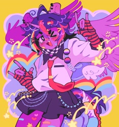 Size: 1914x2048 | Tagged: safe, artist:bunbunbewwii, derpibooru import, twilight sparkle, twilight sparkle (alicorn), alicorn, anthro, pony, backpack, bandaid, bandaid on nose, bisexual, bisexual pride flag, bisexuality, clothes, dyed hair, ear piercing, nonbinary, nonbinary pride flag, piercing, pride, pride flag, skirt, tail, wings