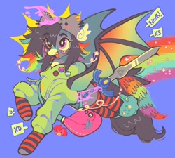 Size: 2048x1843 | Tagged: safe, artist:bunbunbewwii, derpibooru import, oc, oc only, alicorn, bat pony, bat pony alicorn, pony, :d, bag, bat wings, bisexual, bisexual pride flag, bisexuality, blue background, clothes, cringesona, crocs, demiboy, demiboy pride flag, dyed mane, heterochromia, hoodie, horn, magic, master sword, open mouth, open smile, ponysona, pride, pride flag, rainbow, rawr, simple background, smiling, sword, the legend of zelda, weapon, wings, x3, xd