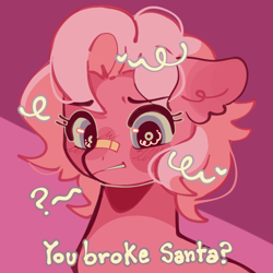 Size: 2027x2027 | Tagged: safe, artist:bunbunbewwii, derpibooru import, pinkie pie (g3), earth pony, pony, a very minty christmas, g3, bandaid, bandaid on nose, question mark, solo