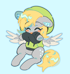 Size: 1750x1843 | Tagged: safe, artist:bunbunbewwii, derpibooru import, derpy hooves, pegasus, pony, :p, blue background, clothes, crossed arms, cute, derpabetes, hoodie, simple background, spread wings, tongue, tongue out, wings