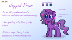 Size: 1920x1080 | Tagged: safe, derpibooru import, oc, oc only, oc:jagged prism, bicorn, pony, unicorn, gradient background, horn, multiple horns, mutant, photoshop, pony town, reference sheet, solo