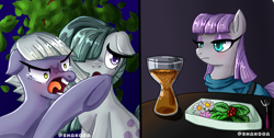 Size: 2683x1355 | Tagged: safe, artist:shakoba, derpibooru import, limestone pie, marble pie, maud pie, earth pony, pony, 2 panel comic, angry, comedy, comic, crying, drama, female, flower, food, fork, funny, mare, meme, pie sisters, siblings, sisters, trio, woman yelling at a cat