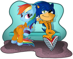 Size: 990x808 | Tagged: safe, artist:pinkandorangesunset, derpibooru import, rainbow dash, hedgehog, pegasus, pony, bound wings, chained, chains, clothes, duo, jumpsuit, male, prison outfit, prisoner, prisoner rd, sonic the hedgehog, sonic the hedgehog (series), wings