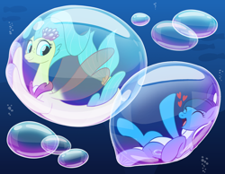 Size: 2250x1750 | Tagged: safe, artist:bladedragoon7575, derpibooru import, princess skystar, oc, oc:aqua, seapony (g4), my little pony: the movie, bubble, bubble solution, dorsal fin, female, fin, fin wings, fins, fish tail, flower, flower in hair, flowing mane, flowing tail, freckles, in bubble, jewelry, necklace, ocean, pearl necklace, tail, underwater, water, wings