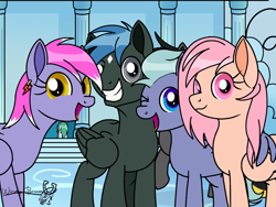 Size: 2048x1536 | Tagged: safe, artist:windy breeze, derpibooru import, oc, oc only, oc:ash dawn, oc:star seeker, oc:thunder light, oc:windy evergood, oc:windy vivacity, fallout equestria, best friends, black coat, blue eyes, cloud city, coat markings, dashite, ear piercing, earring, facial markings, female, foreshadowing, golden eyes, gray coat, gray eyes, green tail, grin, group photo, happy, height difference, jewelry, looking at you, male, mare, one eye closed, piercing, pink eyes, purple coat, signature, smiling, smiling at you, stallion, star (coat marking), tail, white coat, wing hold, wings, wink, winking at you