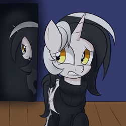 Size: 2000x2000 | Tagged: safe, artist:bestponies, derpibooru import, oc, oc:diamond horseshoe, changeling, pony, unicorn, clothes, dark, female, looking back, mare, scared