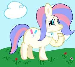 Size: 1000x900 | Tagged: safe, artist:leakypipes, derpibooru import, bonna fide, glamour gleam, honeysparkle, crystal pony, cloud, flower, grass, looking at you, request, requested art, requester:reversalmushroom, sky, smiling