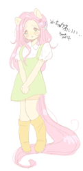 Size: 545x1130 | Tagged: safe, artist:mangel, derpibooru import, fluttershy, human, pony, equestria girls, blushing, clothes, dress, eared humanization, humanized, simple background, text, white background