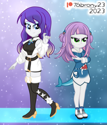 Size: 1597x1860 | Tagged: safe, artist:tabrony23, derpibooru import, rarity, sweetie belle, human, shark, equestria girls, angry, boots, clothes, cosplay, costume, cute, female, gawr gura, gawr gura (hololive), high heel boots, high res, hololive, looking at you, moona hoshinova (hololive), shoes, smiling, smiling at you, socks, sweetie belle is not amused, thigh boots, thigh highs, unamused, vtuber